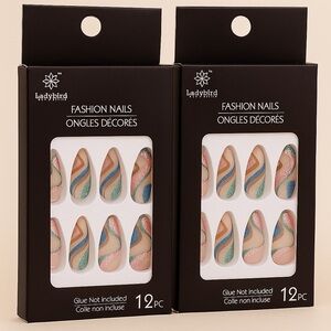 Multicolor Swirl Press-On Nails – Almond Shaped,Pink, Blue,Green,Tan (Set of 2)